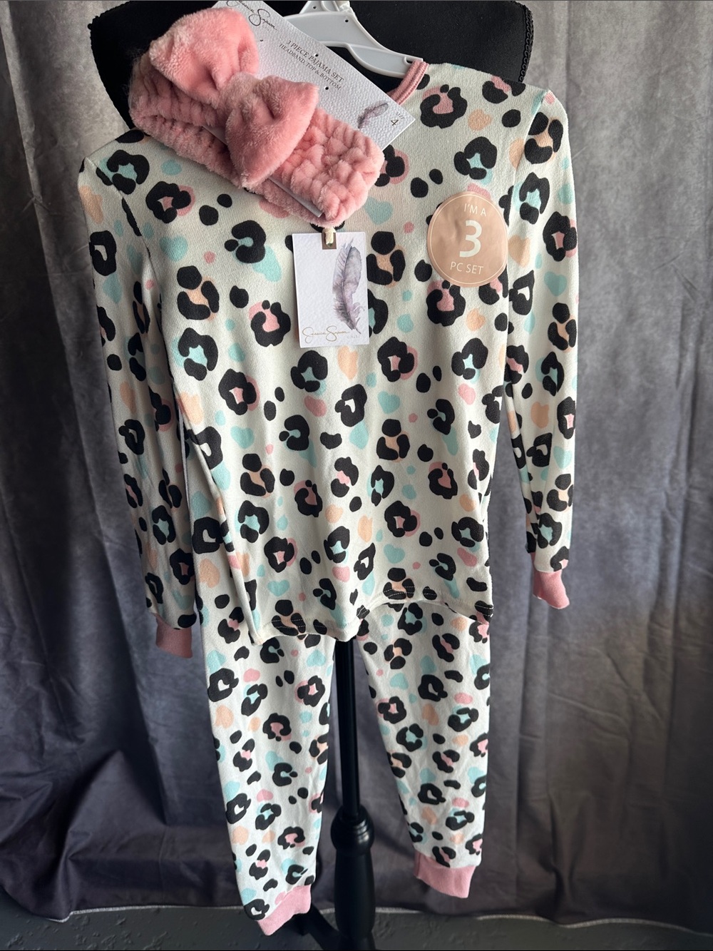 cloud island Mint Leopard Print 3-Piece Pajama Set with Pink Headband